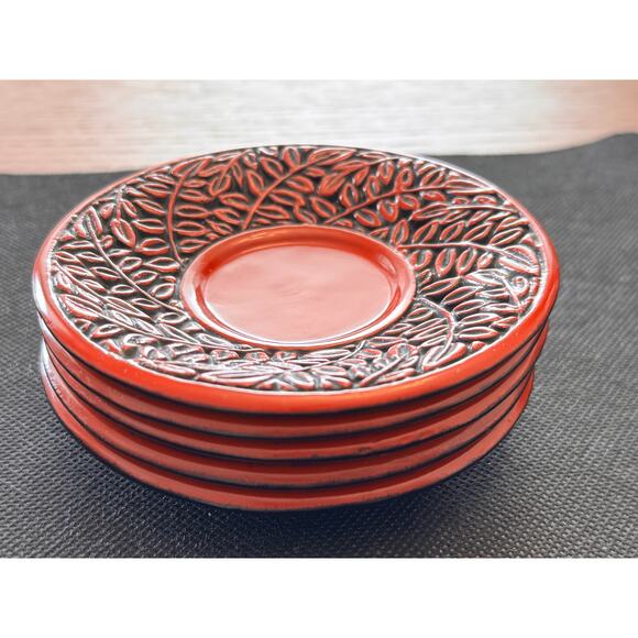 Vintage Japanese Red & Black Tea Saucers / Coasters, Foliage Motif (Set of 5) - Picture 5 of 9